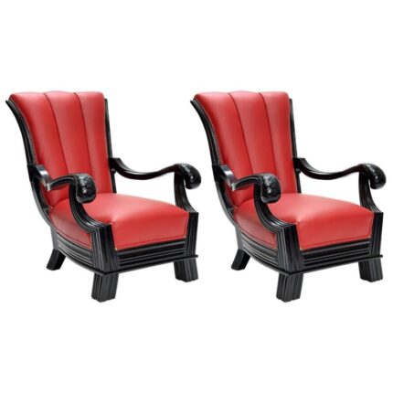 Austrian Red Leather Armchairs Attributed to Otto Prutscher, Set of 2